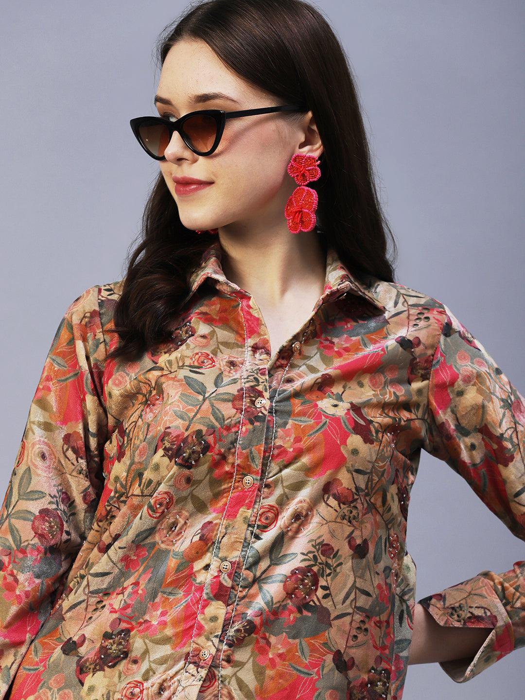 Floral Printed & Embroidered Straight Fit Shirt with Pant - Brown - Indiakreations