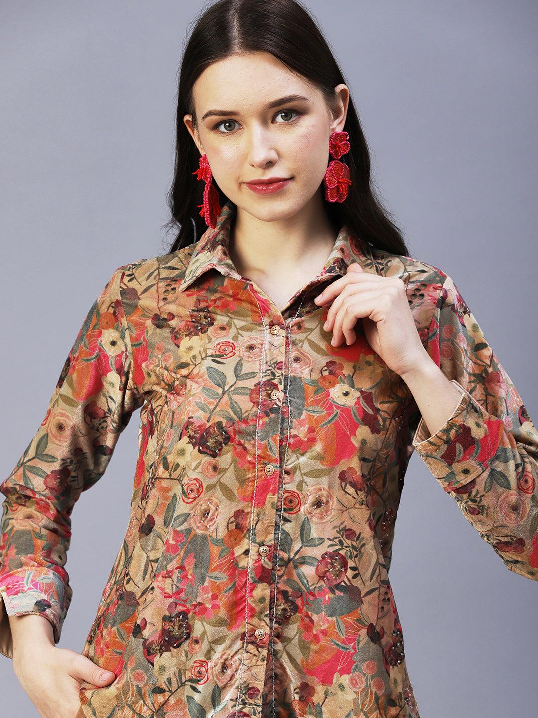 Floral Printed & Embroidered Straight Fit Shirt with Pant - Brown - Indiakreations