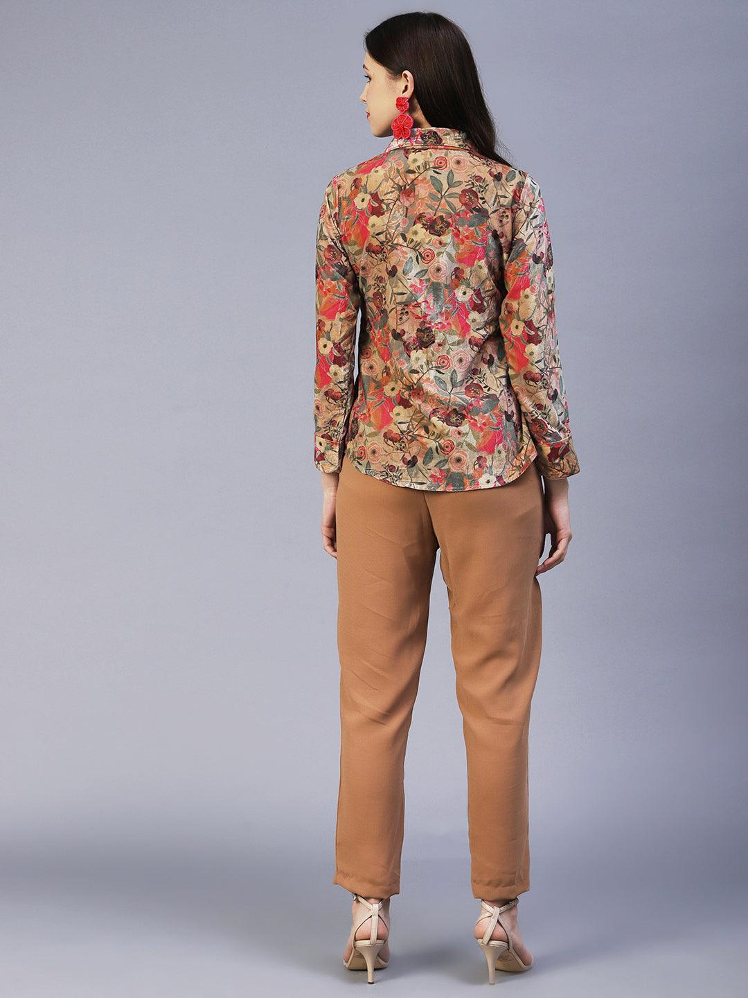 Floral Printed & Embroidered Straight Fit Shirt with Pant - Brown - Indiakreations