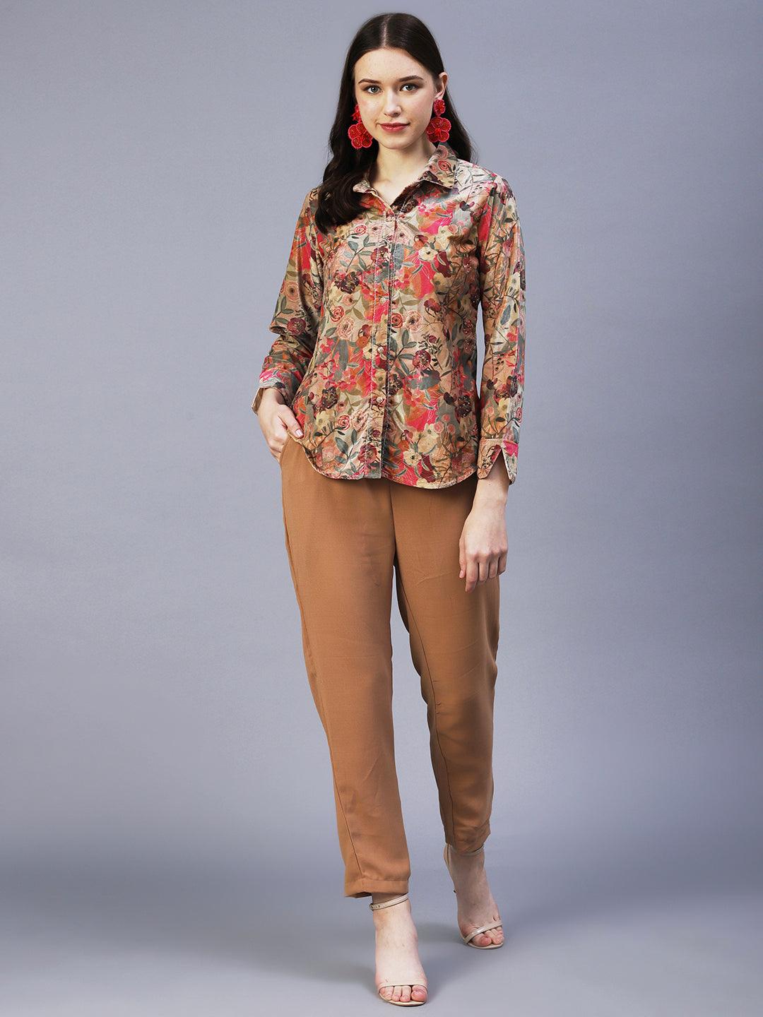 Floral Printed & Embroidered Straight Fit Shirt with Pant - Brown - Indiakreations