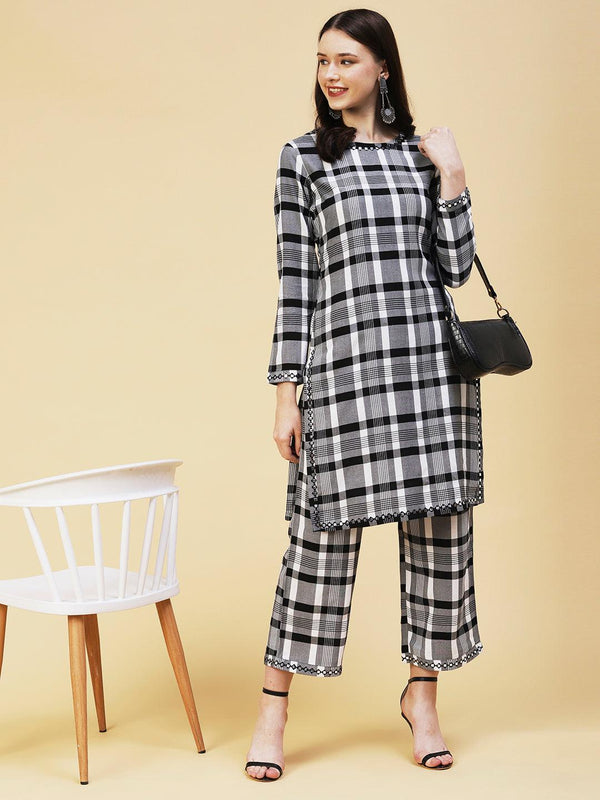 Checks Printed & Embroidered Straight Kurta with Palazzo - Black - Indiakreations