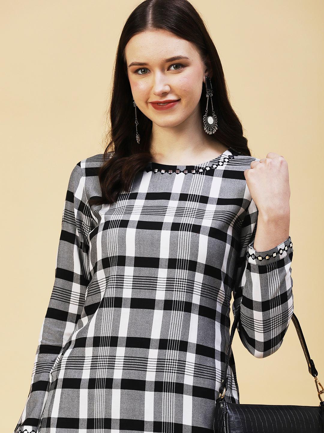 Checks Printed & Embroidered Straight Kurta with Palazzo - Black - Indiakreations