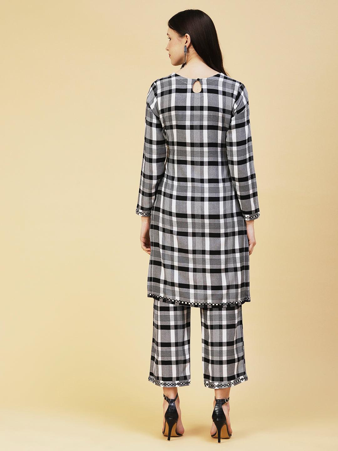 Checks Printed & Embroidered Straight Kurta with Palazzo - Black - Indiakreations