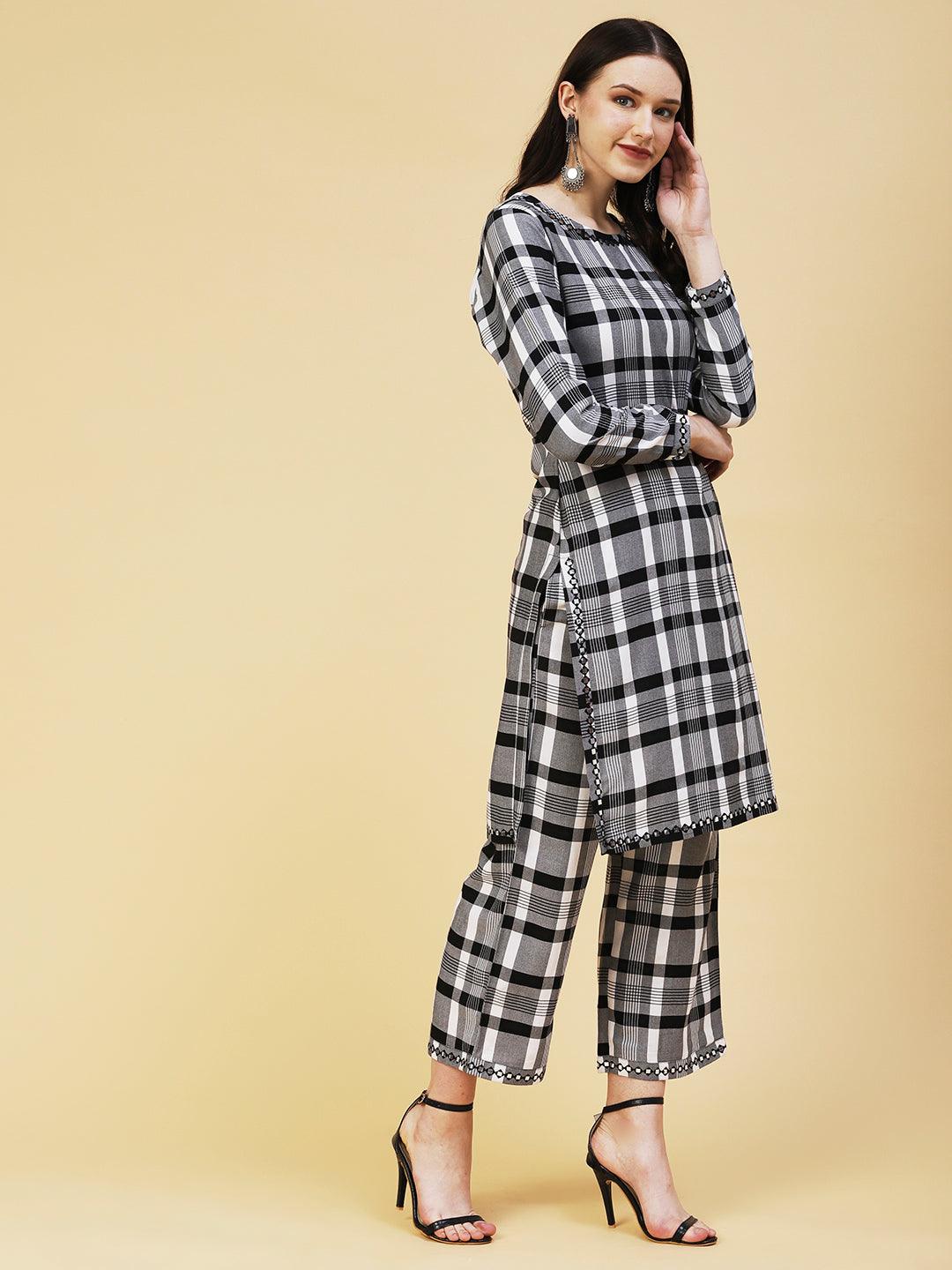 Checks Printed & Embroidered Straight Kurta with Palazzo - Black - Indiakreations