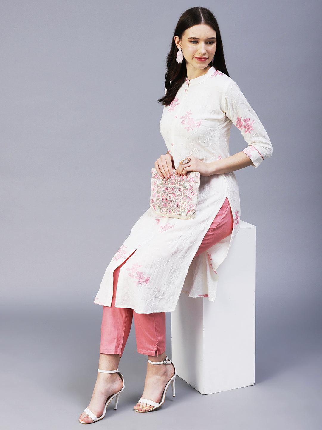 Floral Embroidered Straight Fit Kurta with Pant - Off White - Indiakreations