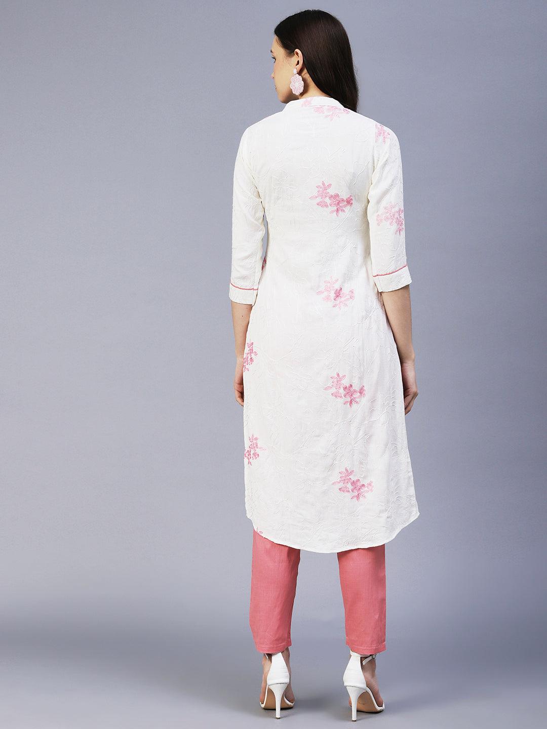 Floral Embroidered Straight Fit Kurta with Pant - Off White - Indiakreations