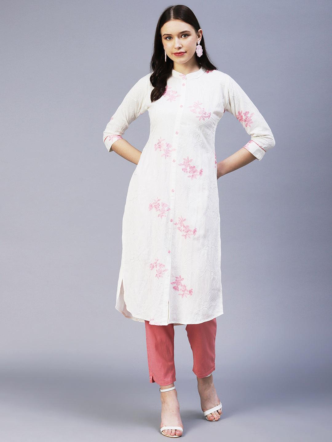 Floral Embroidered Straight Fit Kurta with Pant - Off White - Indiakreations