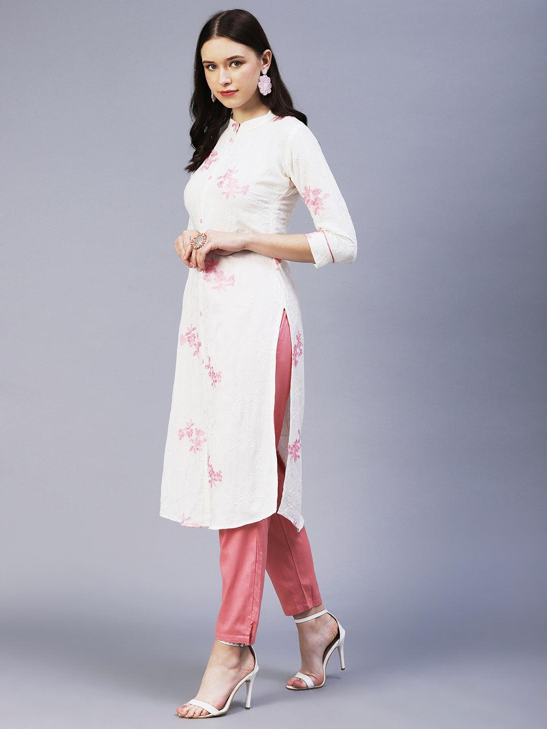 Floral Embroidered Straight Fit Kurta with Pant - Off White - Indiakreations