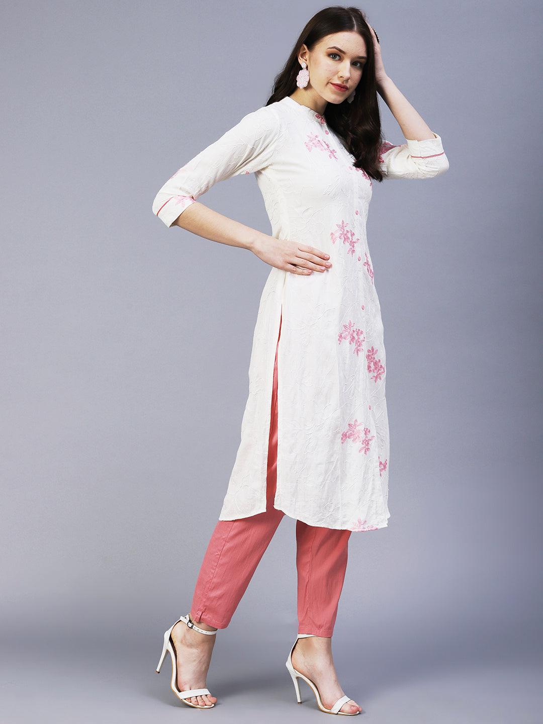 Floral Embroidered Straight Fit Kurta with Pant - Off White - Indiakreations