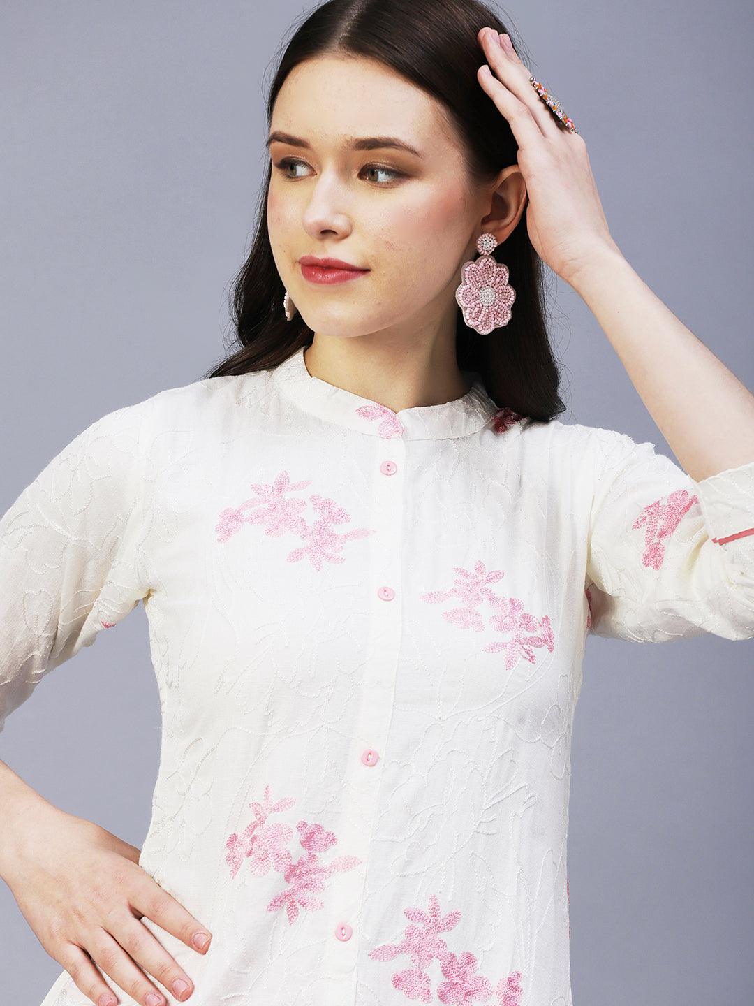 Floral Embroidered Straight Fit Kurta with Pant - Off White - Indiakreations