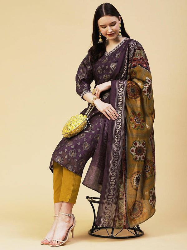 Zari Jacquard Mirror & Zari Embroidered kurta With Printed Dupatta - Dark Mauve - Indiakreations