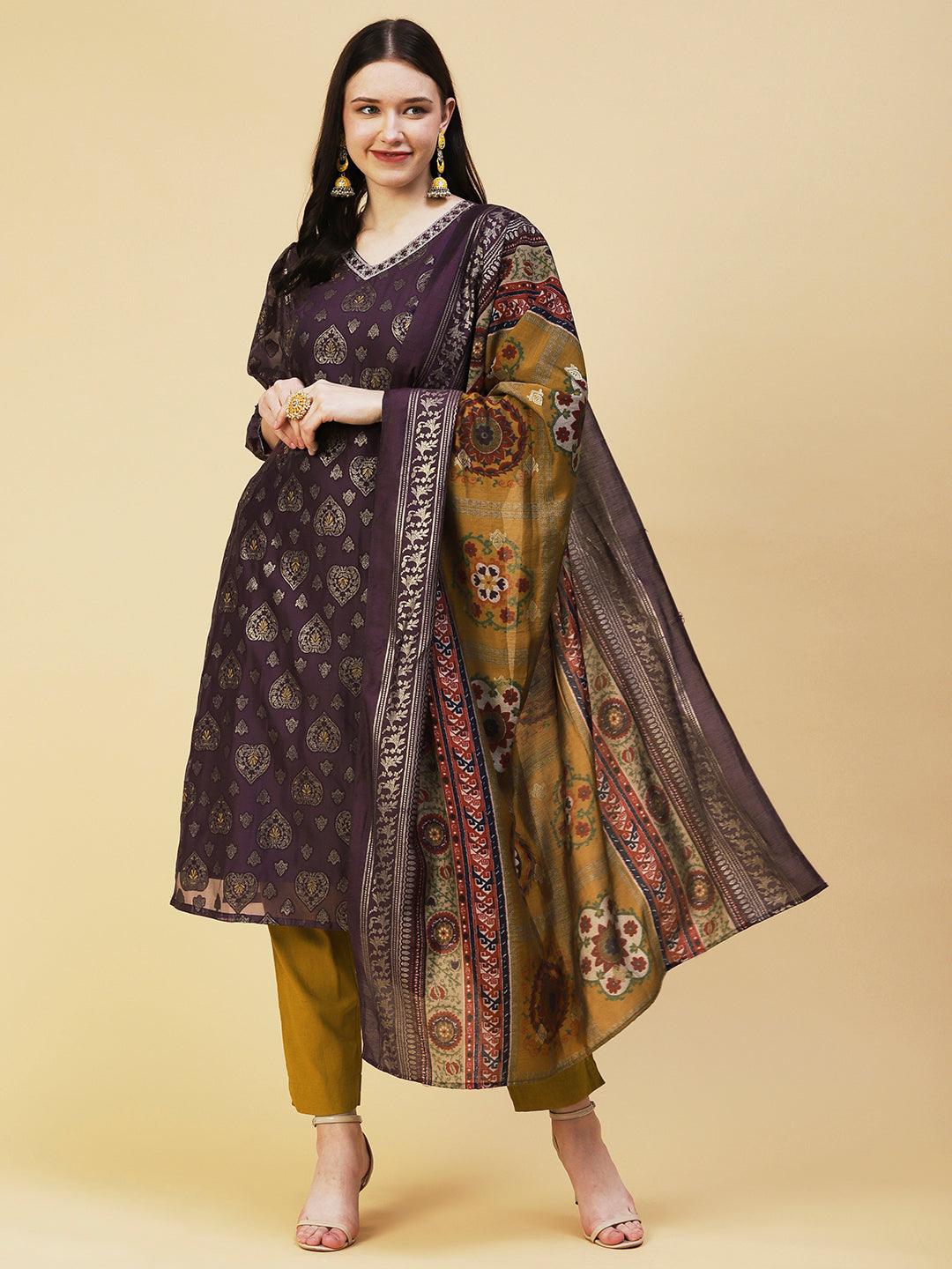 Zari Jacquard Mirror & Zari Embroidered kurta With Printed Dupatta - Dark Mauve - Indiakreations