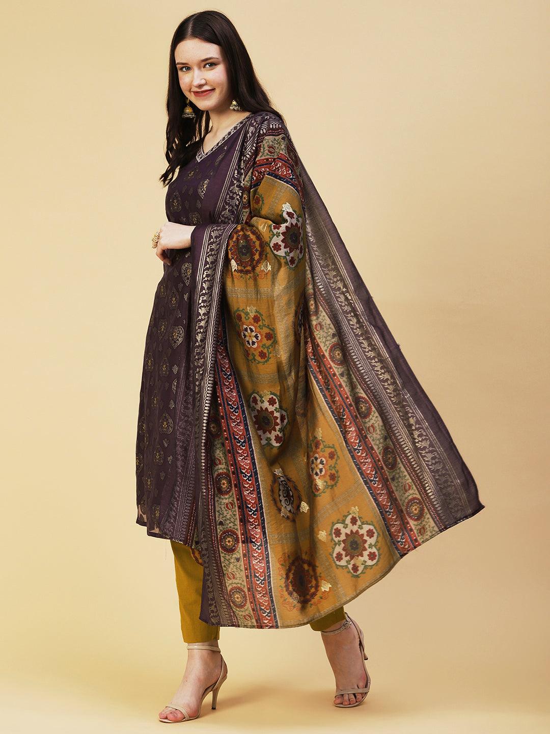 Zari Jacquard Mirror & Zari Embroidered kurta With Printed Dupatta - Dark Mauve - Indiakreations