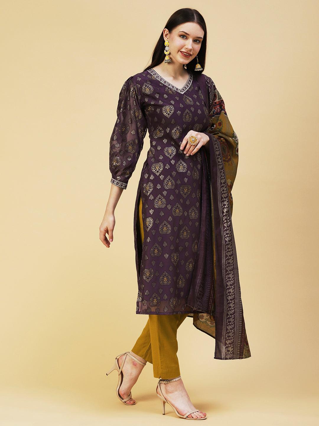 Zari Jacquard Mirror & Zari Embroidered kurta With Printed Dupatta - Dark Mauve - Indiakreations