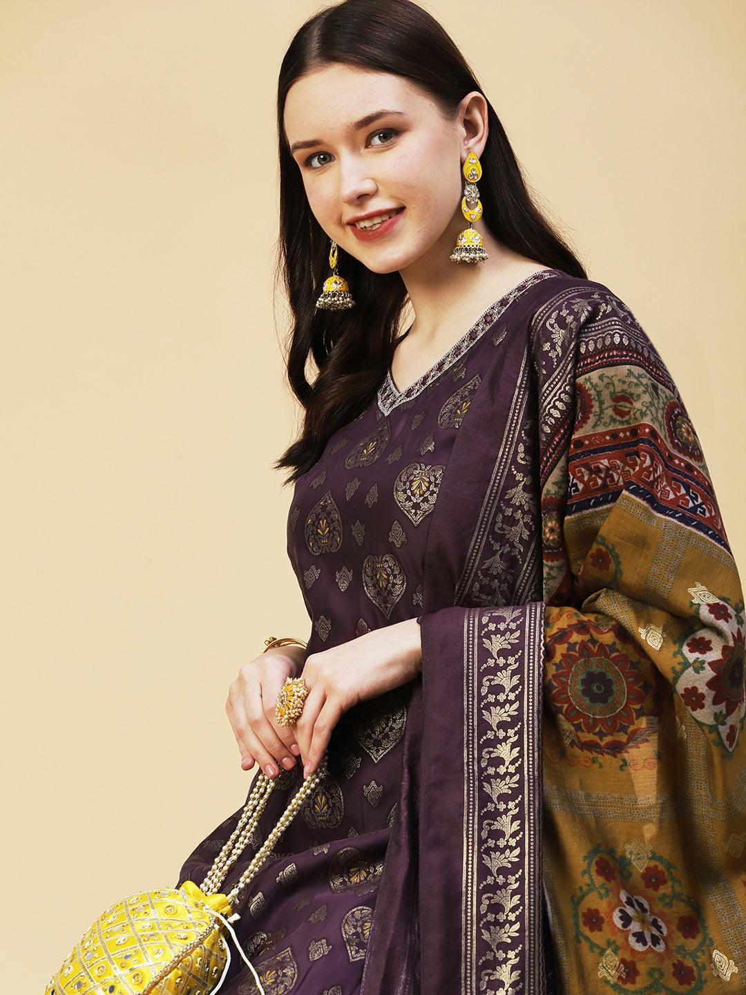 Zari Jacquard Mirror & Zari Embroidered kurta With Printed Dupatta - Dark Mauve - Indiakreations