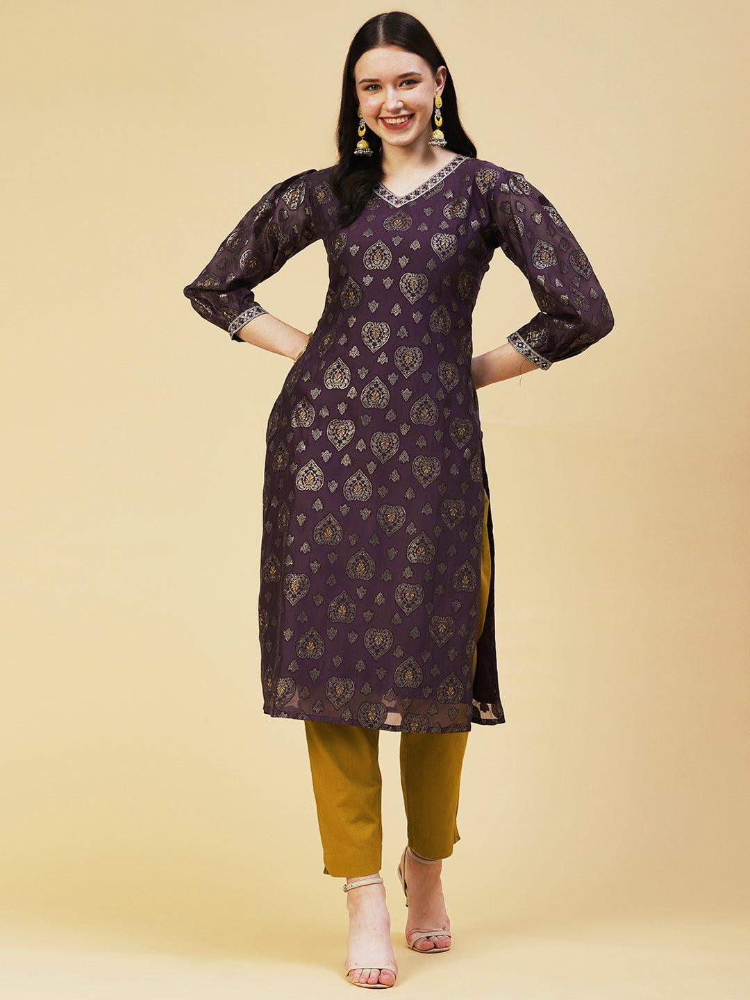 Zari Jacquard Mirror & Zari Embroidered kurta With Printed Dupatta - Dark Mauve - Indiakreations