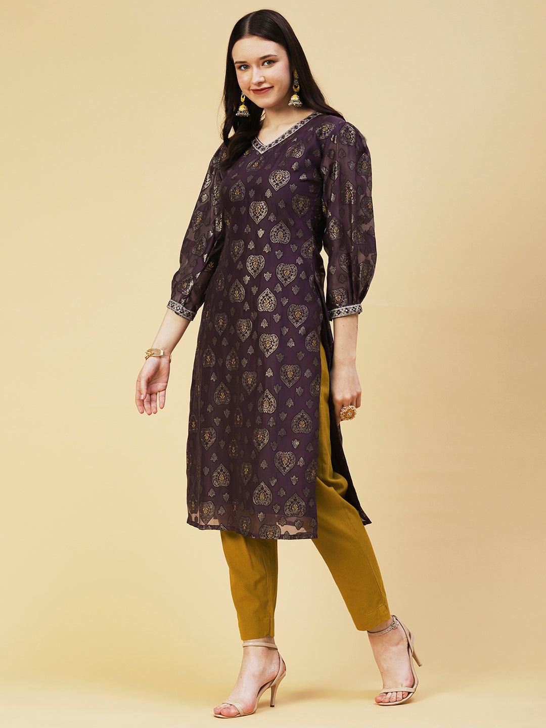 Zari Jacquard Mirror & Zari Embroidered kurta With Printed Dupatta - Dark Mauve - Indiakreations