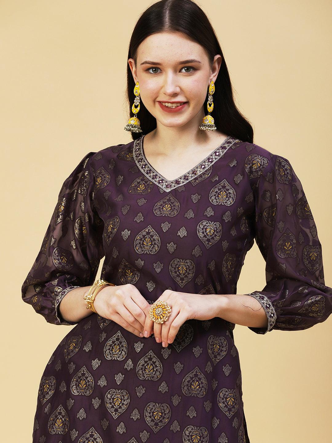 Zari Jacquard Mirror & Zari Embroidered kurta With Printed Dupatta - Dark Mauve - Indiakreations