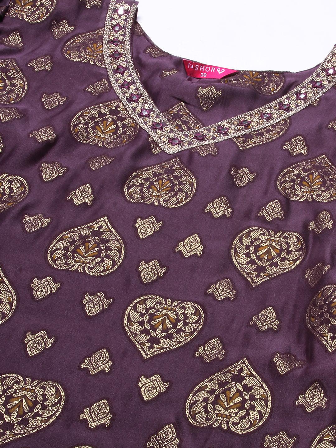 Zari Jacquard Mirror & Zari Embroidered kurta With Printed Dupatta - Dark Mauve - Indiakreations