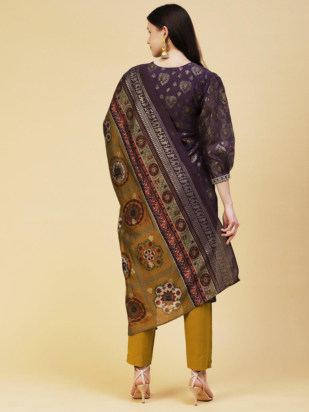 Zari Jacquard Mirror & Zari Embroidered kurta With Printed Dupatta - Dark Mauve - Indiakreations