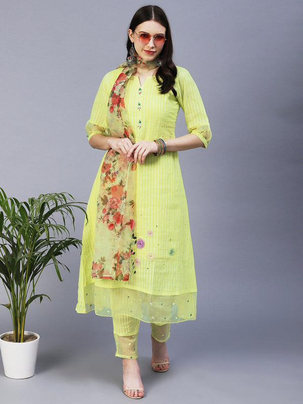 Lurex Striped & Hand Embroidered Straight Kurta with Pant & Dupatta - Yellow - Indiakreations