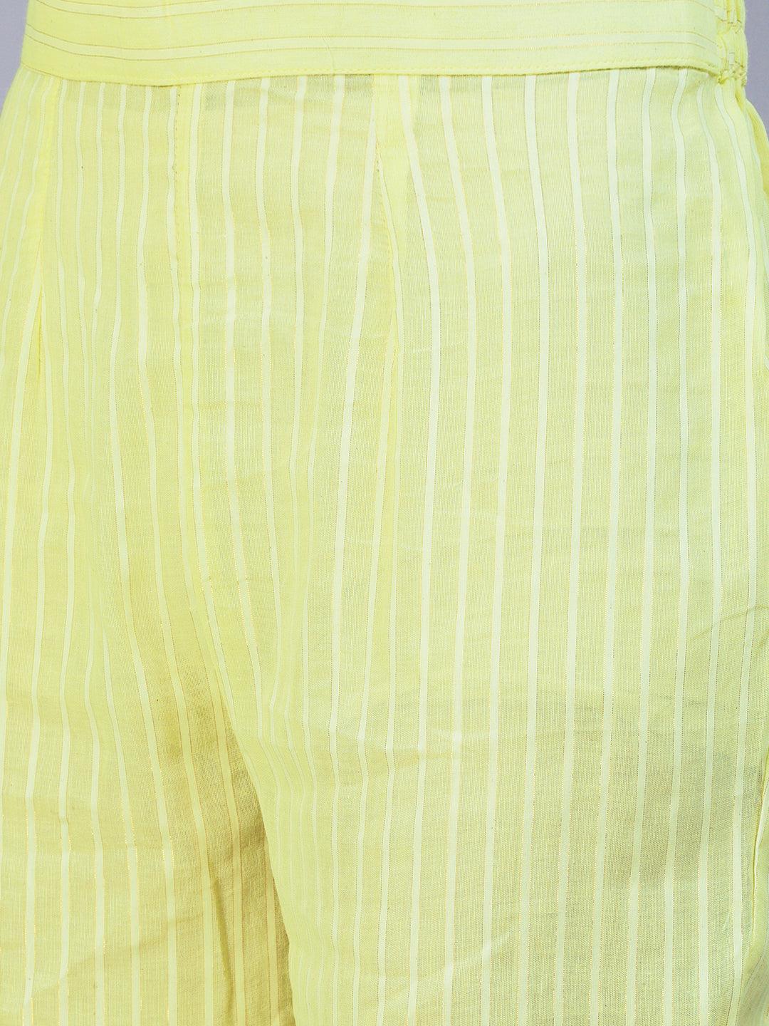 Lurex Striped & Hand Embroidered Straight Kurta with Pant & Dupatta - Yellow - Indiakreations