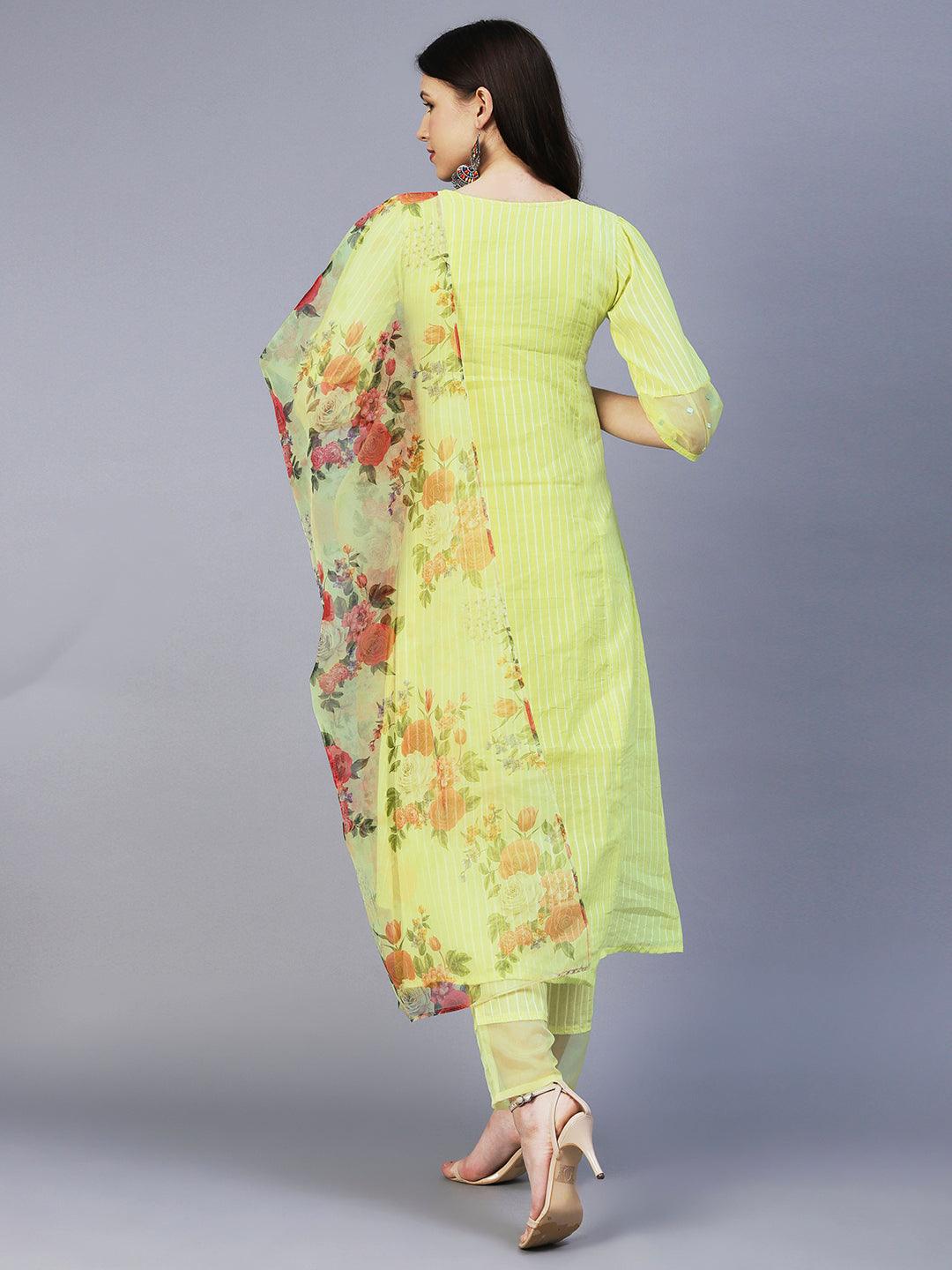 Lurex Striped & Hand Embroidered Straight Kurta with Pant & Dupatta - Yellow - Indiakreations