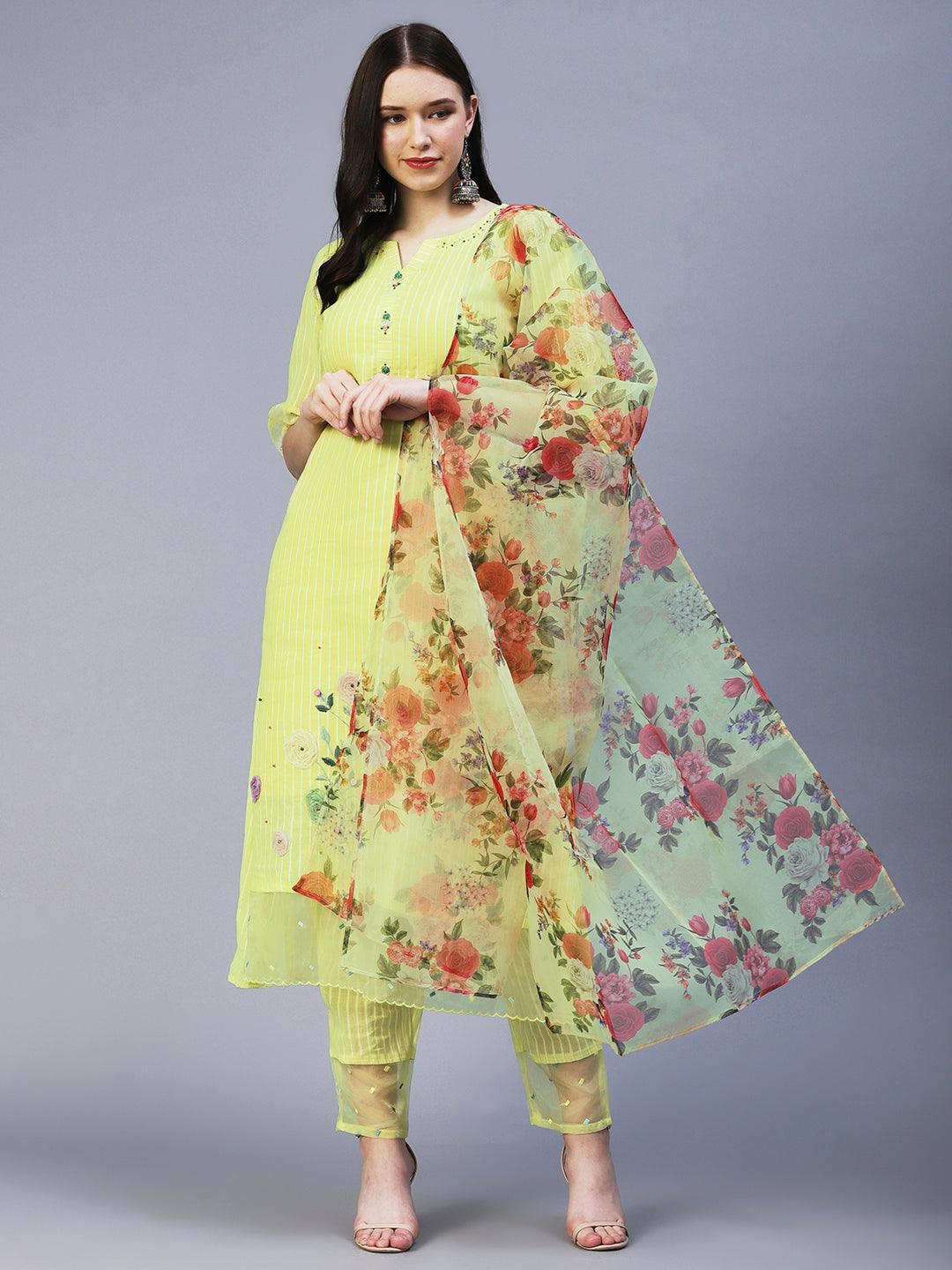 Lurex Striped & Hand Embroidered Straight Kurta with Pant & Dupatta - Yellow - Indiakreations