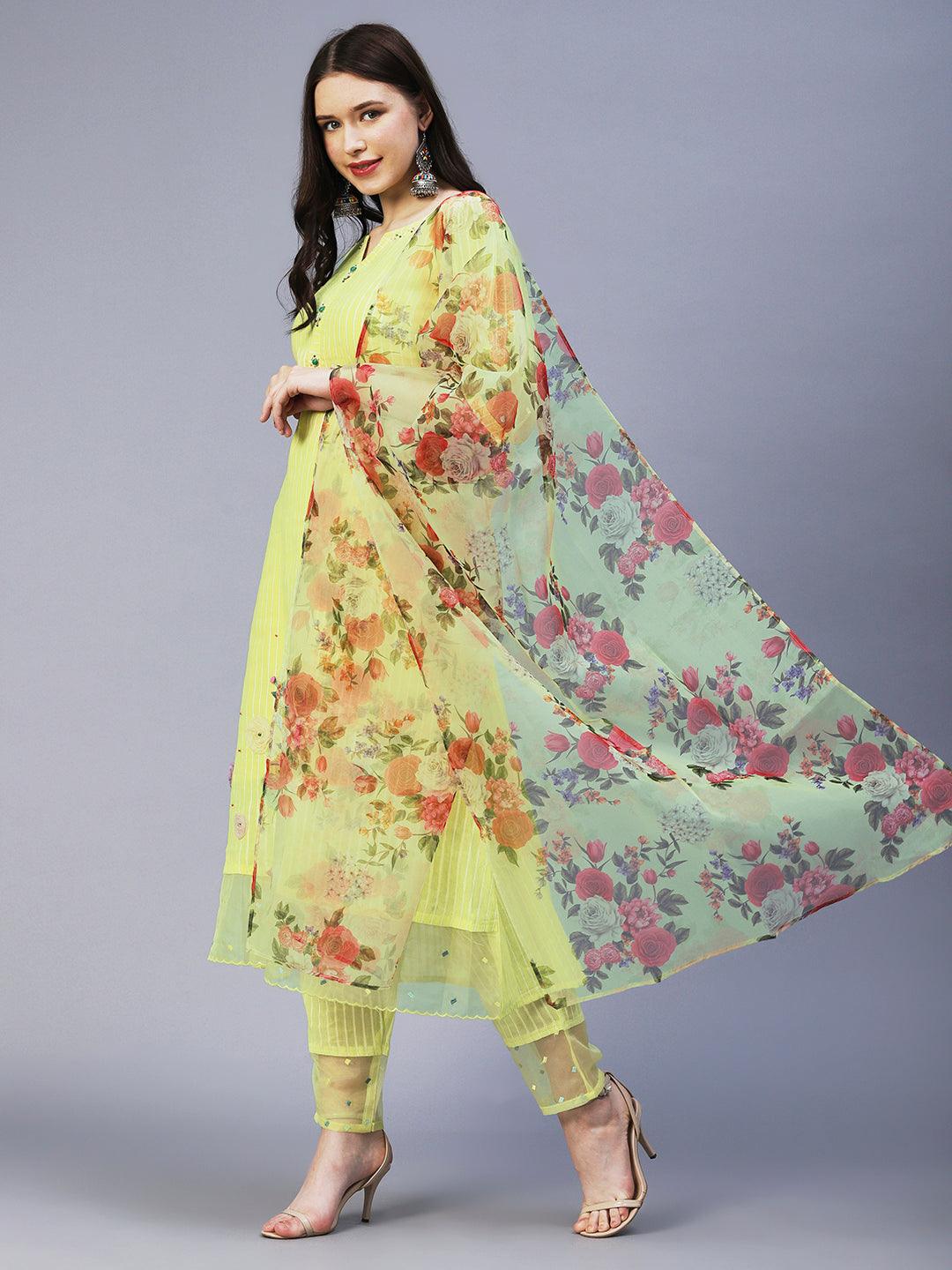 Lurex Striped & Hand Embroidered Straight Kurta with Pant & Dupatta - Yellow - Indiakreations