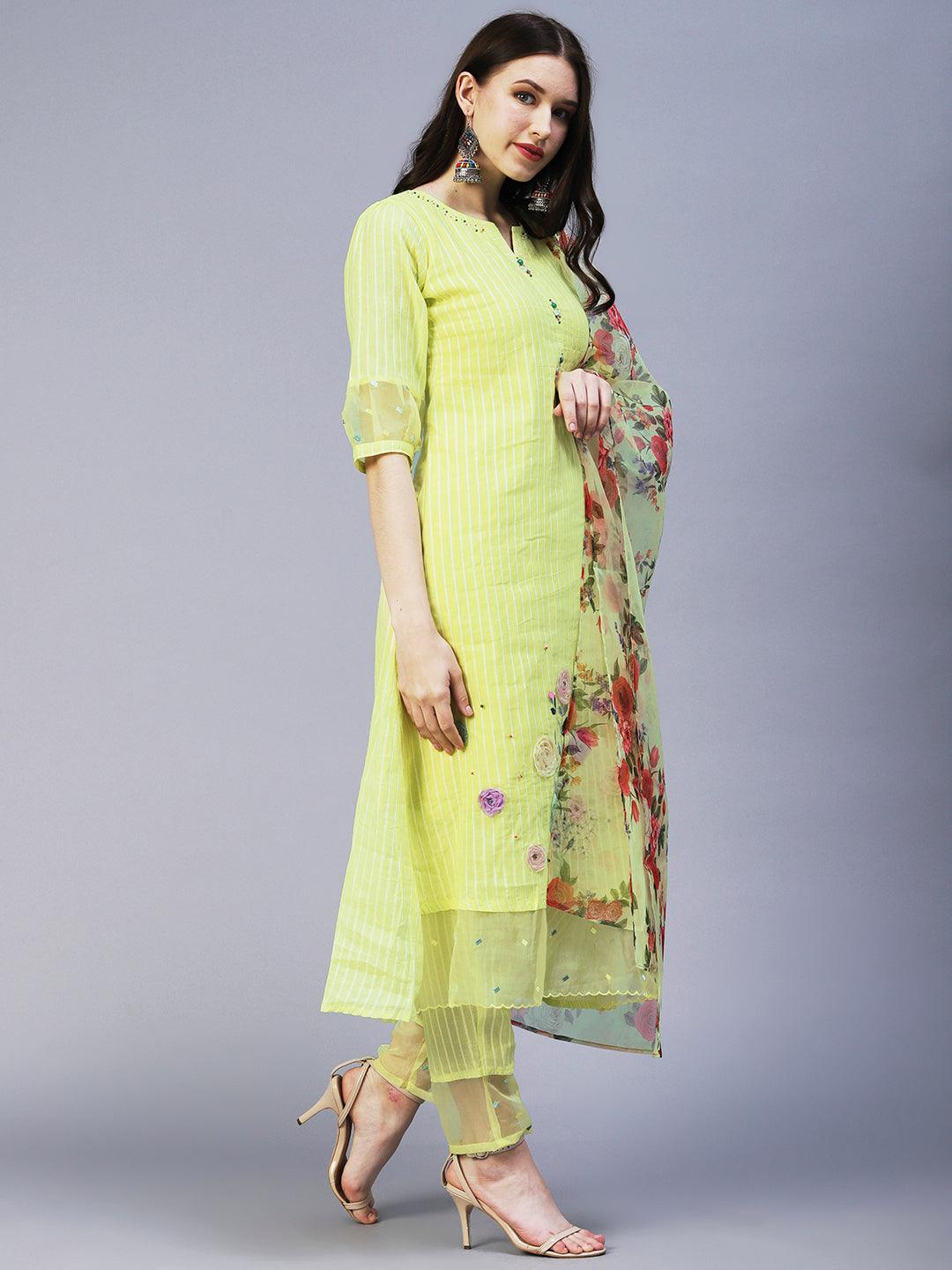 Lurex Striped & Hand Embroidered Straight Kurta with Pant & Dupatta - Yellow - Indiakreations