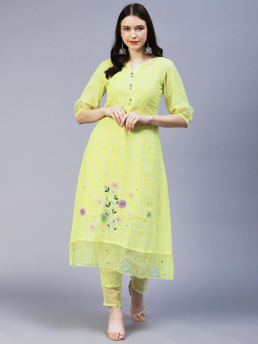 Lurex Striped & Hand Embroidered Straight Kurta with Pant & Dupatta - Yellow - Indiakreations