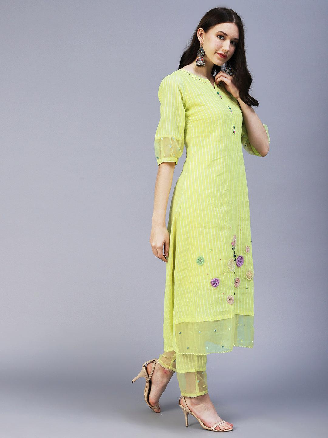 Lurex Striped & Hand Embroidered Straight Kurta with Pant & Dupatta - Yellow - Indiakreations