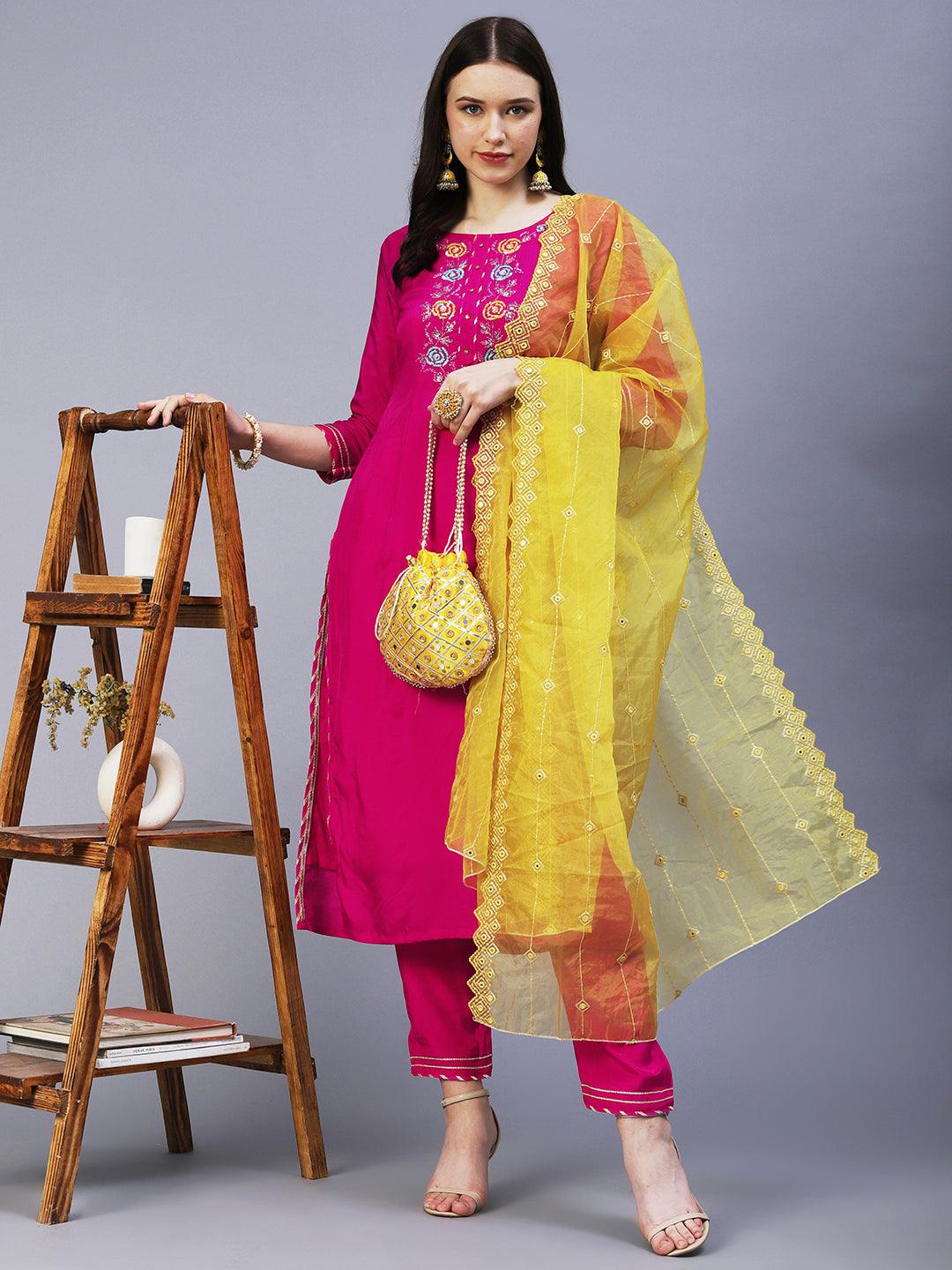 Floral Hand Embroidered Straight Kurta with Pant & Dupatta - Fuchsia - Indiakreations