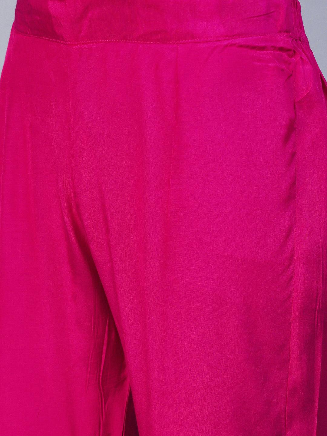 Floral Hand Embroidered Straight Kurta with Pant & Dupatta - Fuchsia - Indiakreations