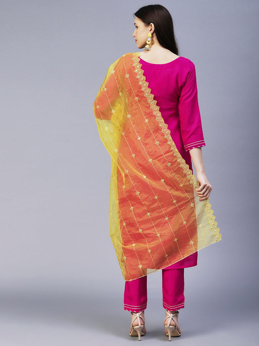 Floral Hand Embroidered Straight Kurta with Pant & Dupatta - Fuchsia - Indiakreations