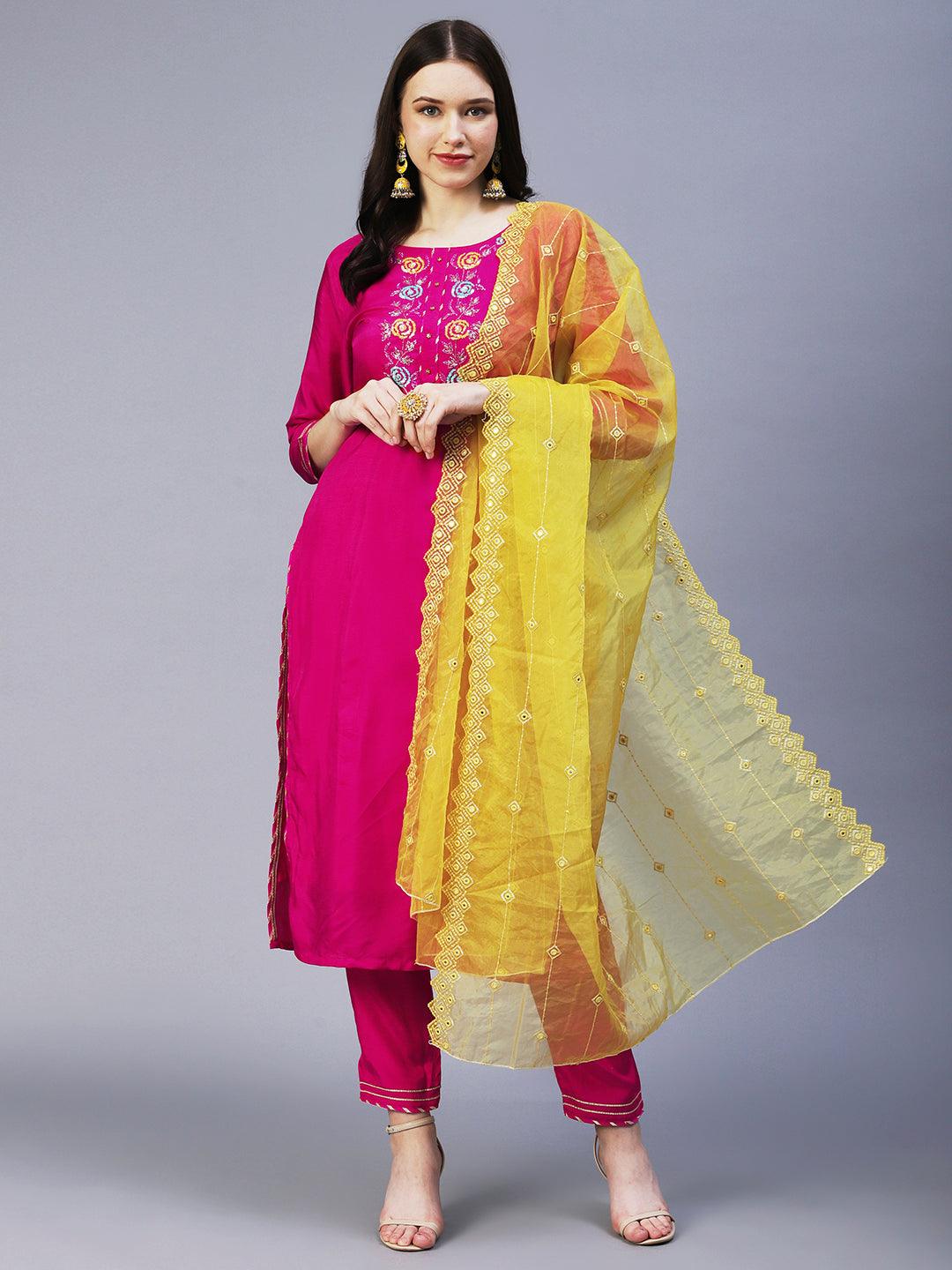 Floral Hand Embroidered Straight Kurta with Pant & Dupatta - Fuchsia - Indiakreations