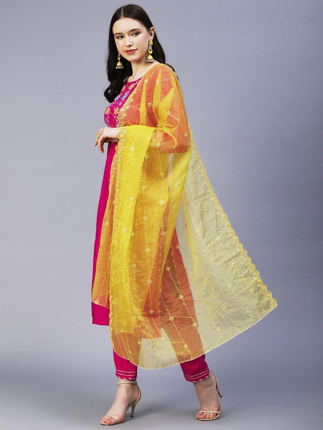 Floral Hand Embroidered Straight Kurta with Pant & Dupatta - Fuchsia - Indiakreations