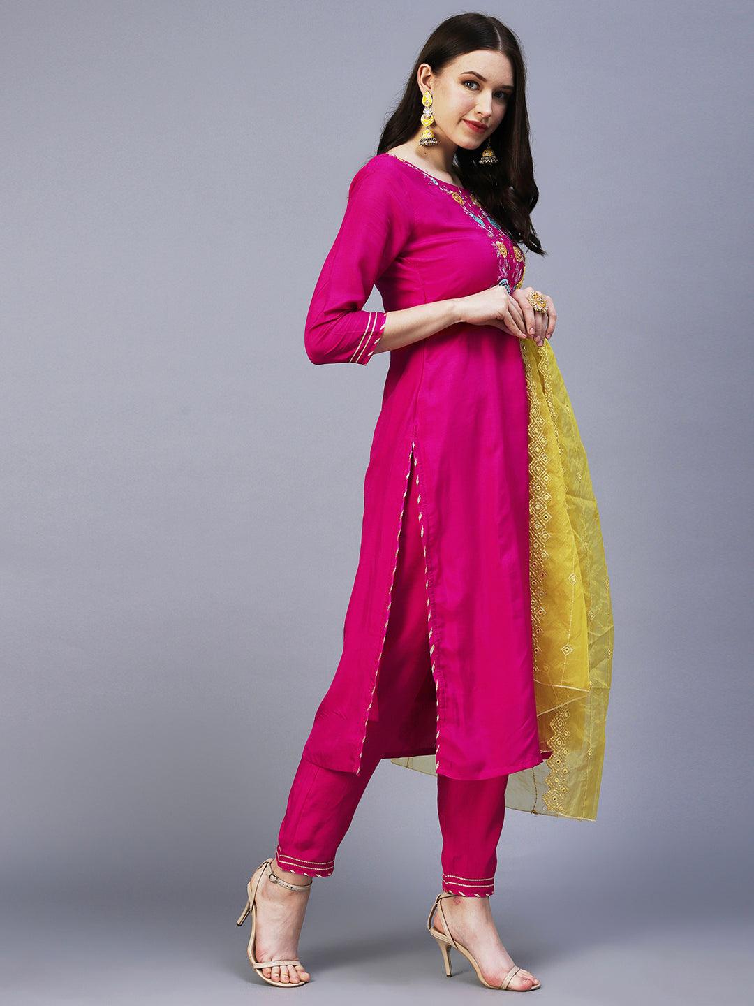 Floral Hand Embroidered Straight Kurta with Pant & Dupatta - Fuchsia - Indiakreations