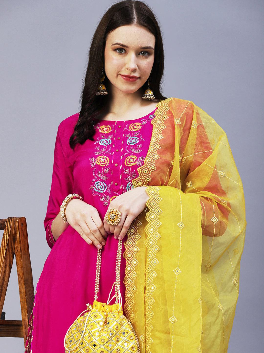 Floral Hand Embroidered Straight Kurta with Pant & Dupatta - Fuchsia - Indiakreations