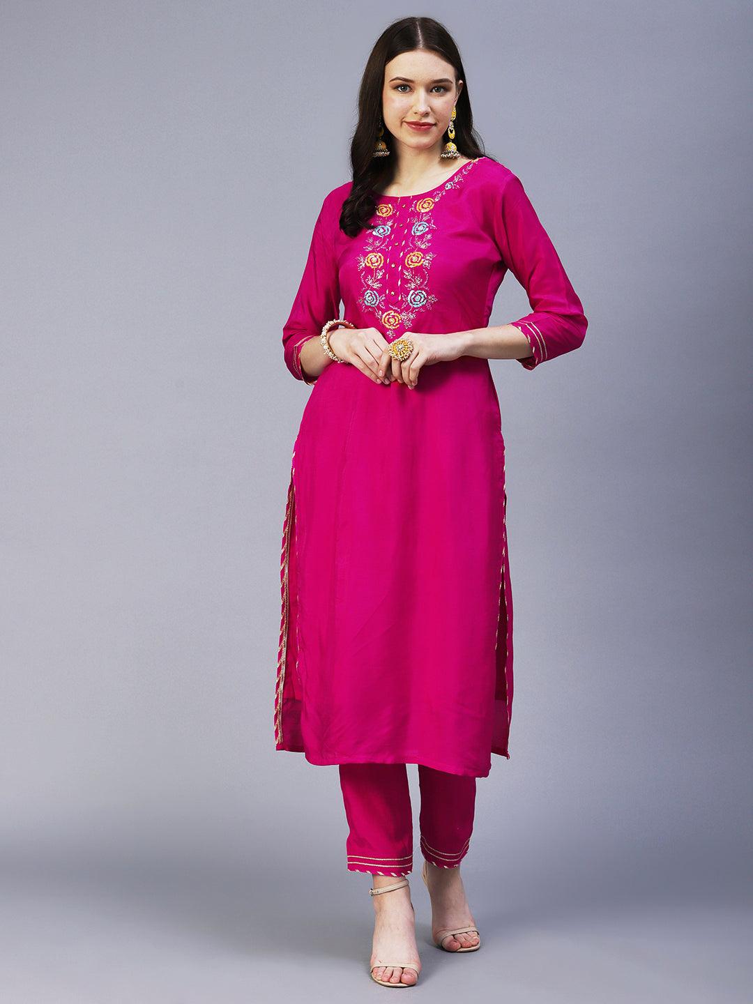 Floral Hand Embroidered Straight Kurta with Pant & Dupatta - Fuchsia - Indiakreations