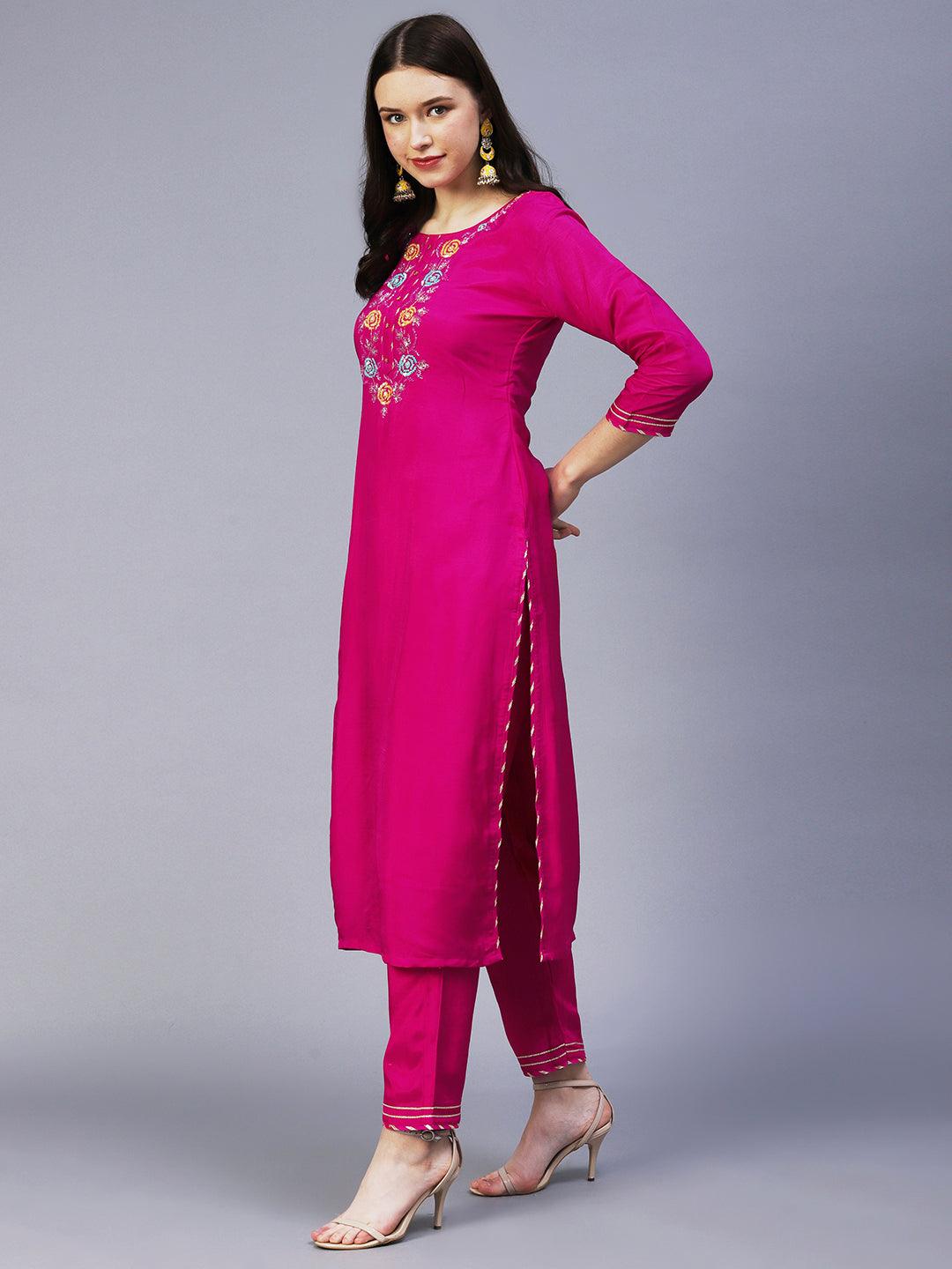 Floral Hand Embroidered Straight Kurta with Pant & Dupatta - Fuchsia - Indiakreations