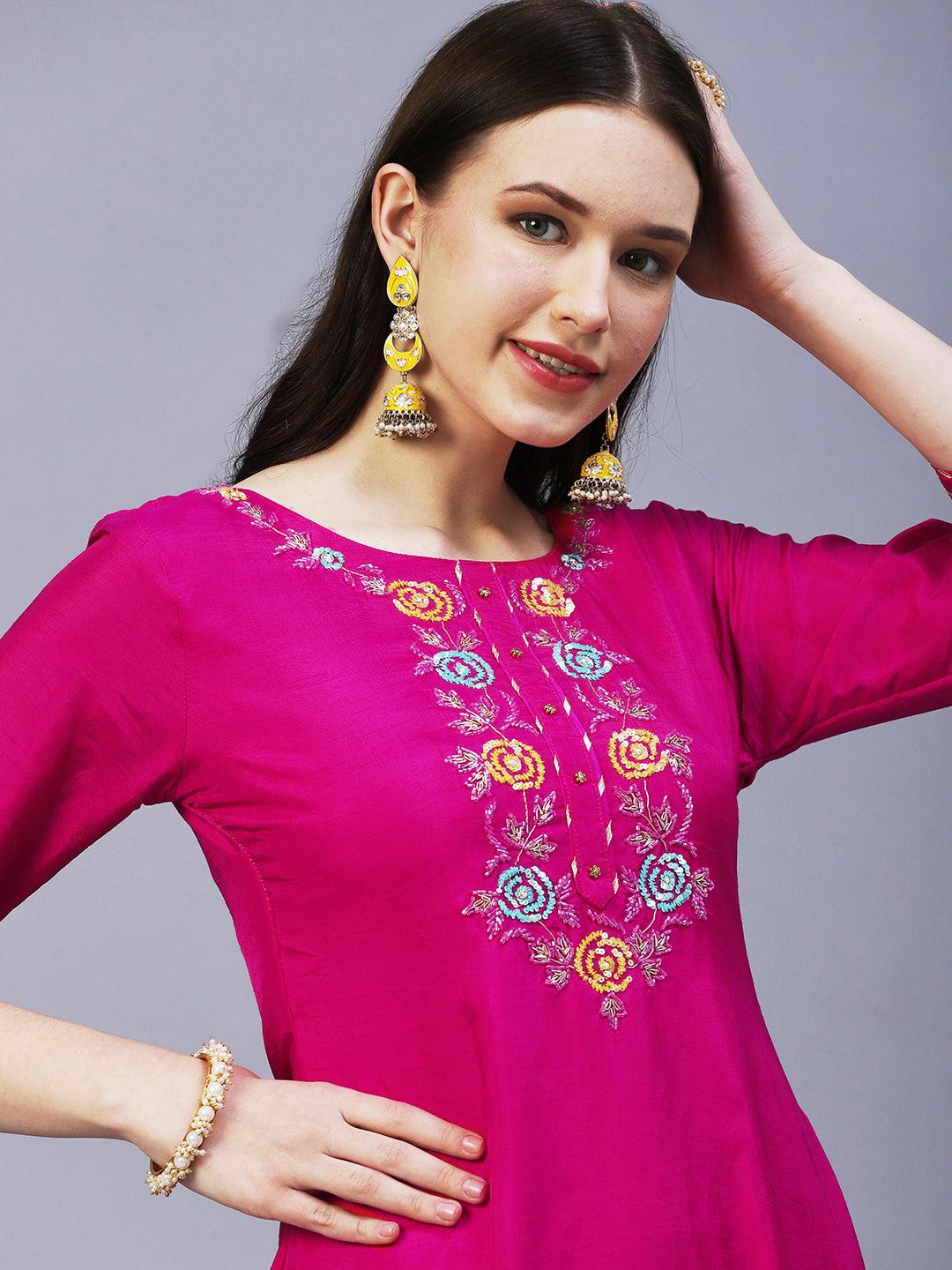 Floral Hand Embroidered Straight Kurta with Pant & Dupatta - Fuchsia - Indiakreations