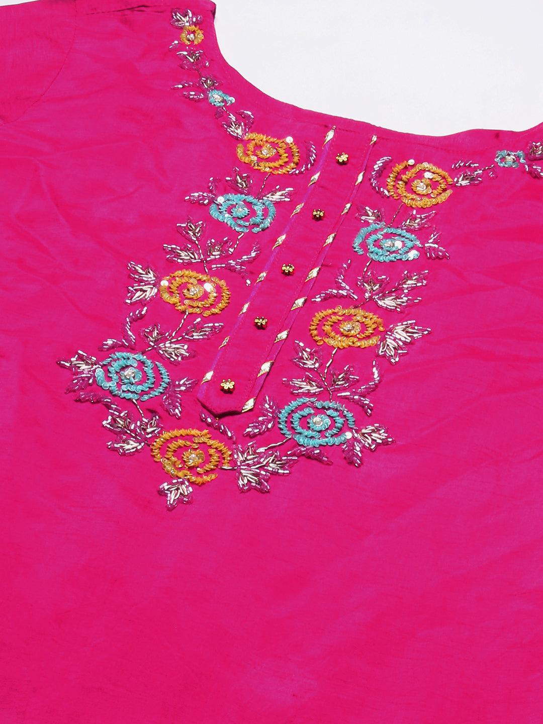 Floral Hand Embroidered Straight Kurta with Pant & Dupatta - Fuchsia - Indiakreations