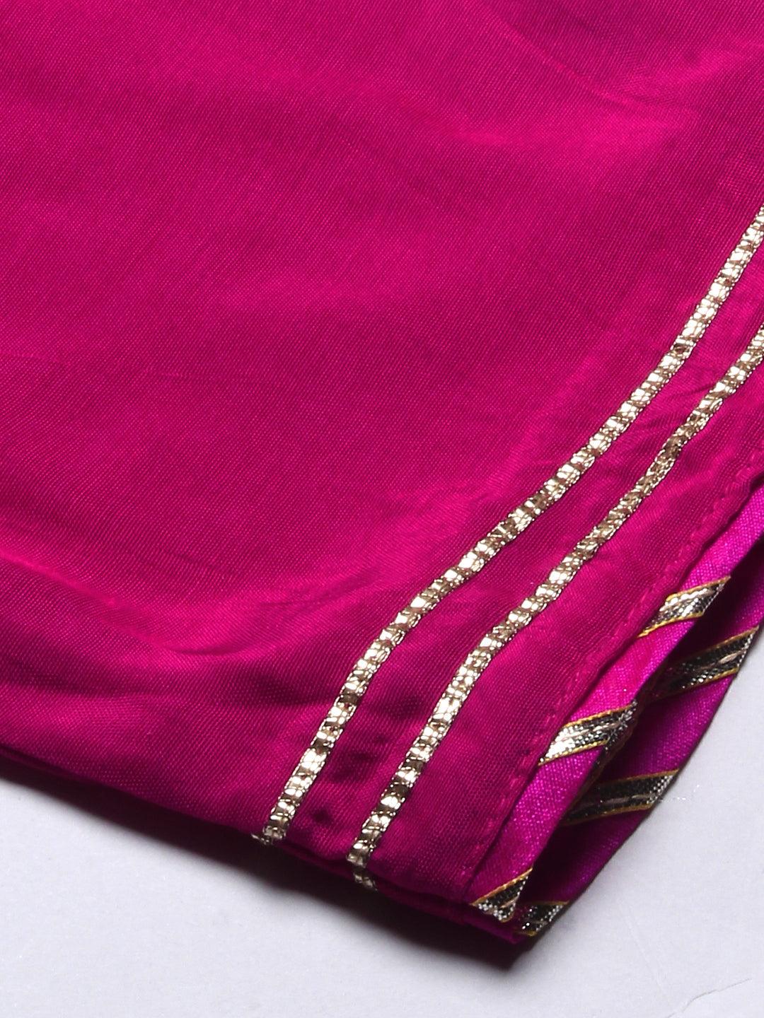 Floral Hand Embroidered Straight Kurta with Pant & Dupatta - Fuchsia - Indiakreations