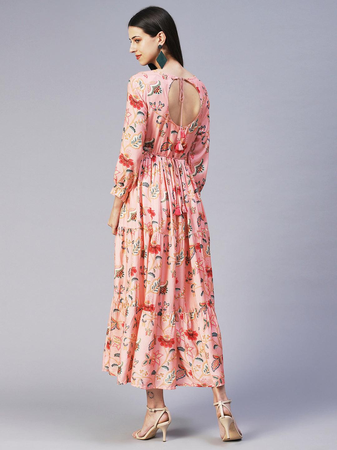 Floral Hand Embroidered Tiered Dress With Embroidered Belt - Peach - Indiakreations