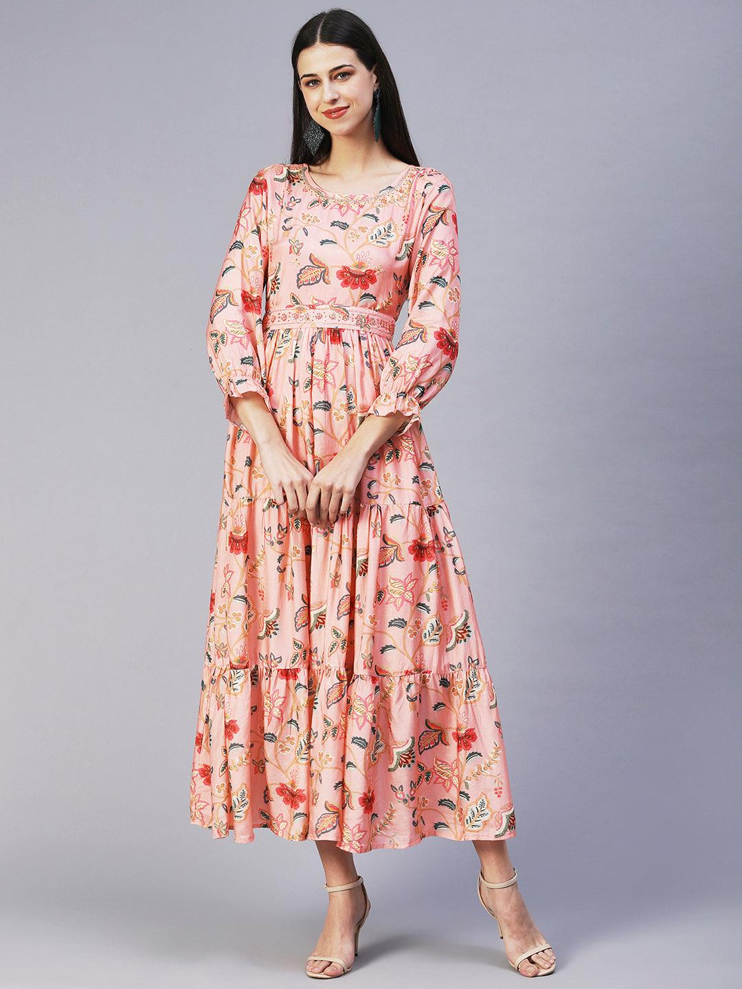 Floral Hand Embroidered Tiered Dress With Embroidered Belt - Peach - Indiakreations