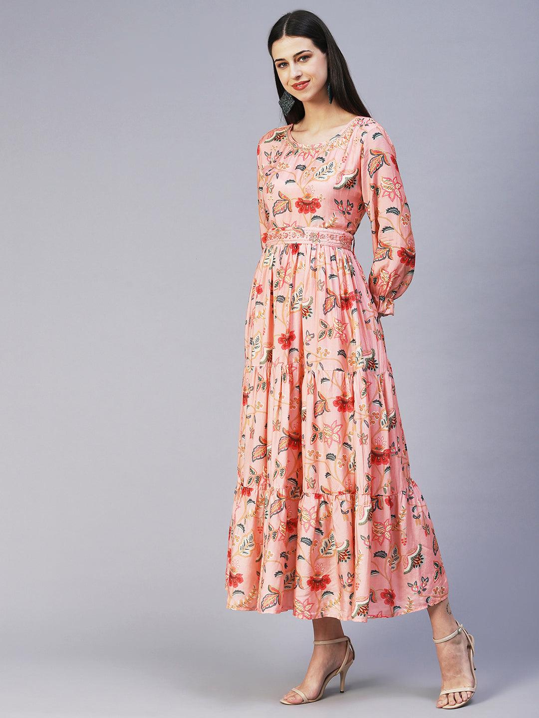 Floral Hand Embroidered Tiered Dress With Embroidered Belt - Peach - Indiakreations