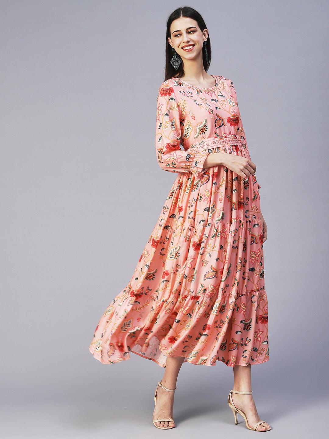 Floral Hand Embroidered Tiered Dress With Embroidered Belt - Peach - Indiakreations