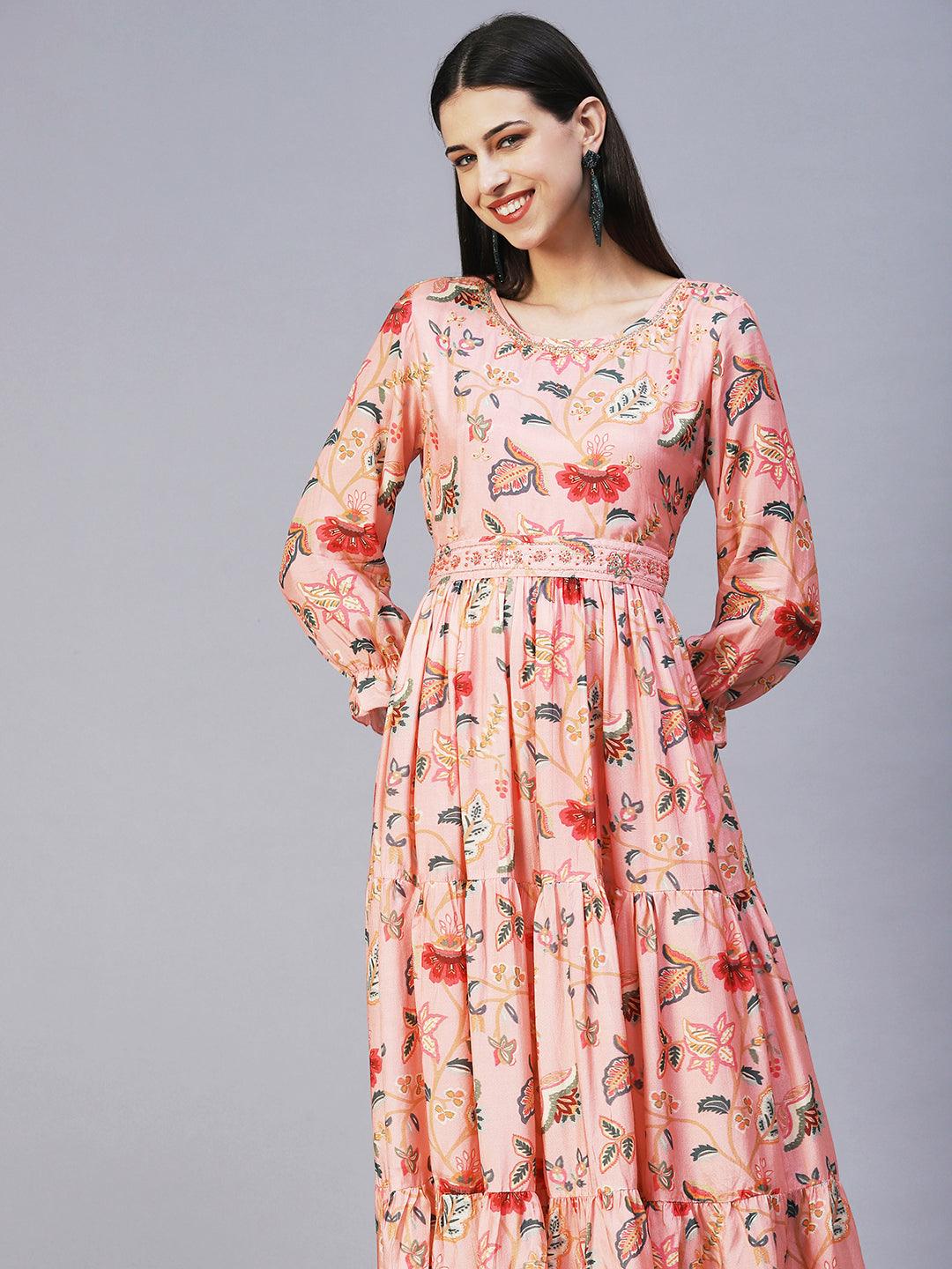 Floral Hand Embroidered Tiered Dress With Embroidered Belt - Peach - Indiakreations