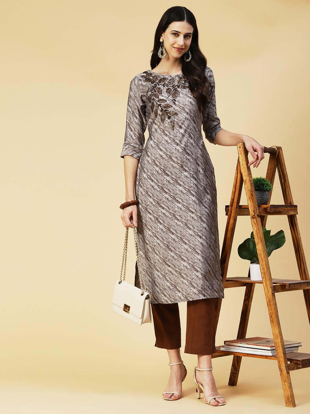 Textured Printed Resham & Sequins Embroidered Kurta - Steel Grey - Indiakreations